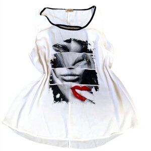 Janette Plus Graphic Lips Tank Top Heart Cutout in Back Contrast Black Trim 10i